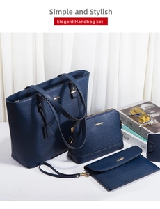 Detail of four-piece navy blue tote and crossbody bag set with gold hardware accessories
