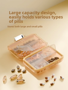Macro detail of portable pill box compartments with capsules and diverse medication