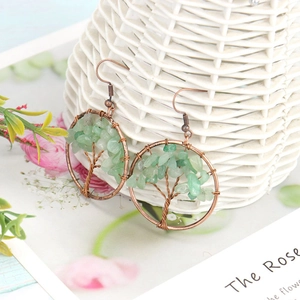 Handmade tree of life wire wrapped earrings with green crystal chips and bronze hooks