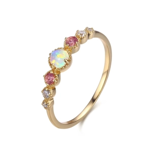 S925 sterling silver gold plated ring with opal and pink gemstone in elegant minimalist style