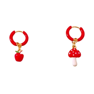 Asymmetric titanium steel drop oil earrings with red apple and mushroom charms in gold finish