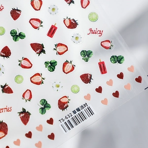 Adhesive strawberry nail stickers with realistic fruit, heart and floral patterns