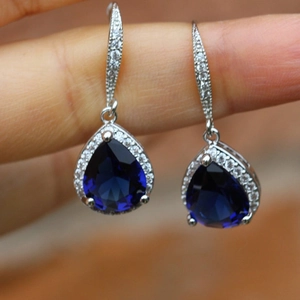 Exquisite silver pear-cut blue cubic zirconia drop earrings for bridal banquet wear