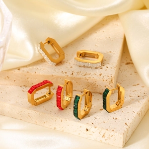 Baguette Cubic Zirconia U Shape Hoop Earrings Stainless Steel Gold Plated Geometric Huggie Jewelry For Women