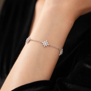 Détail d'un bracelet étoile en argent avec zircons porté au poignet d'un mannequin