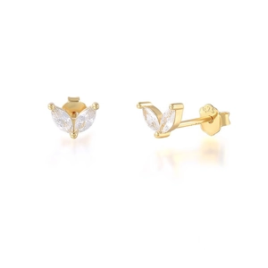 Close-up of gold leaf stud earrings in S925 silver with marquise-cut cubic zirconia
