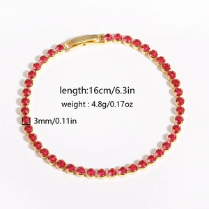 Minimalist adjustable tennis bracelet with red round-cut crystals and gold-plated chain