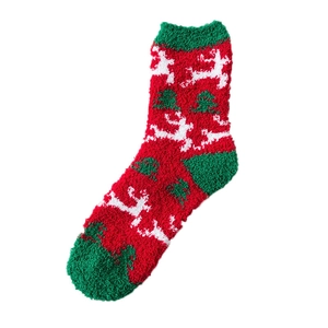Winter warm Christmas coral fleece socks featuring red reindeer and green tree patterns