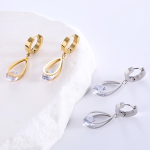 Modern hollow teardrop earrings with round zircon stones in gold and silver finish