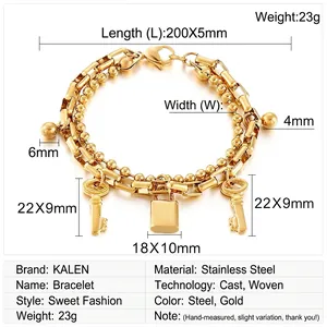 Detailed size chart of gold double-layer stainless steel bracelet with lock and key charms
