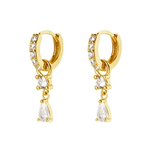 Detail of gold teardrop earrings with clear cubic zirconia stones and polished finish