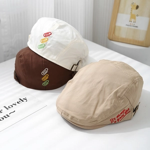 Kids vintage canvas beret hats with embroidery and adjustable buckles in three colors