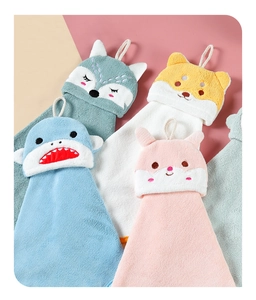 Detail of hanging coral fleece hand towels in four cute animal shapes and colors