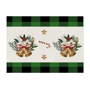 Retro Christmas placemat with green buffalo plaid, golden bells and waterproof linen texture