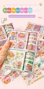 Close-up of pink and mint green DIY scrapbook set with princess and floral themed stickers