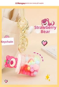 Cute pink strawberry bear liquid keychain with glitter inside and gold metal ring