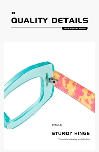 Close-up of sturdy metal hinge on blue and tortoiseshell acetate fashion glasses