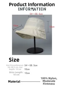 Detailed size chart for waterproof nylon bucket hat with brim and depth measurements