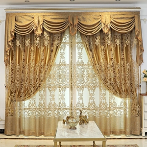 Luxury European gold blackout curtains with elegant valance and tassel decor for living rooms
