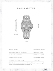 Detailed size chart for iced-out quartz watch with 40mm dial and 23mm band width