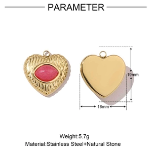 Detailed parameter view of 19mm heart pendant made of stainless steel and natural stone
