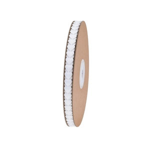 Detailed view of white heart-shaped ribbon on cardboard spool for DIY gift wrapping