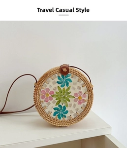 Close-up of circular rattan bag with colorful floral shell patchwork and leather strap