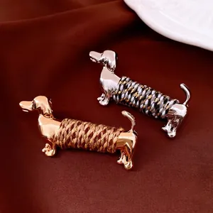 Dachshund Dog Brooch Alloy Sausage Animal Pin With Colored Rope Hand-Woven Elegant Suit Accessories For Women