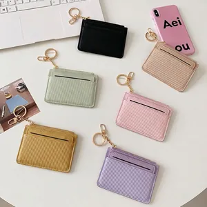 Vertical pleated PU leather card holder wallets in multiple colors with golden keychains