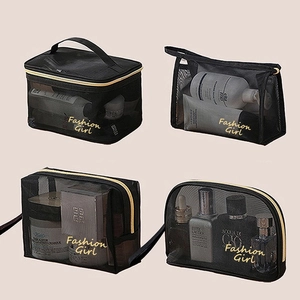 Black mesh 4-piece travel toiletry set and cosmetic organizer bags in various sizes