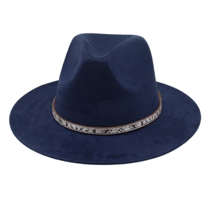 Navy blue wide brim wool fedora hat with a stylish snakeskin rhinestone band