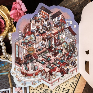 3D isometric Chinese pavilion stickers with vintage oriental interior decor scenery