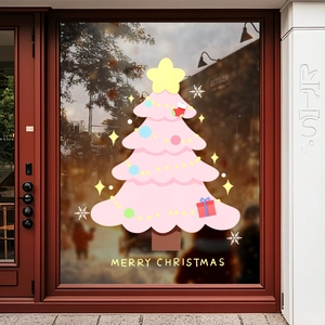 Pink cartoon Christmas tree window sticker with Merry Christmas text for festive home decor