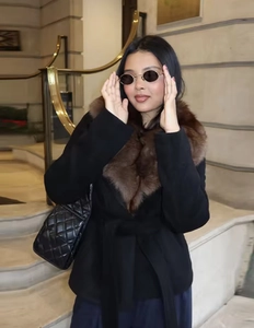 Detail of a chic long black coat featuring a plush fur collar and elegant lapel design