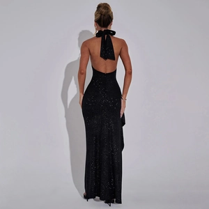 Elegant black sequin backless maxi dress with halter neck and bow tie detail