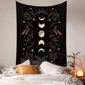 Bohemian moon phase tapestry with floral botanical patterns for cozy bedroom wall decor
