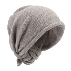 Light gray knit beanie scarf combo for women with side knot detail and soft warm texture