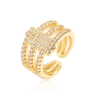 Chic multi-layer gold-plated wide ring with rows of clear zircon stones in open design