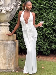 Robe Maxi Dos Nu Col En V Profond Dos Ouvert Froncé Coupe Slim Soirée Robes Longues Femmes Polyester Élasthanne