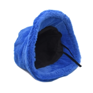 Blue faux rabbit fur bucket hat with warm plush texture and adjustable black inner drawstring