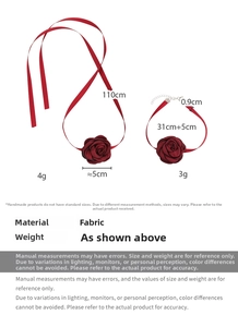 Detailed view of burgundy fabric rose choker necklace set with 110cm long ribbon tie