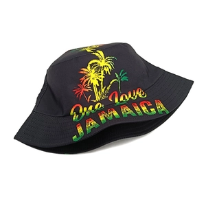 Close-up of One Love Jamaica palm tree print on black cotton bucket hat for outdoor sun protection