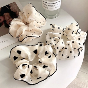 Large Scrunchies Organza Fabric Hair Ties Heart Polka Dot Floral Print Elastic Headwear For Women Girls Korean Style