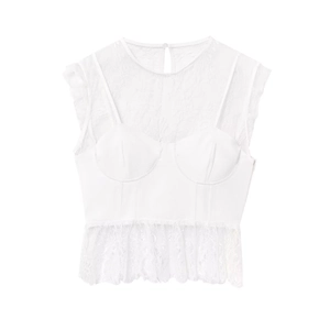 Sleeveless white lace patchwork vest top with slim fit design on white background