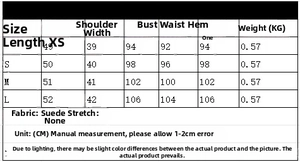 Detailed size chart for minimalist suede single-breasted cropped jacket in centimeters