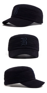 Detailed views of navy blue cotton military cap with gothic letter B embroidery
