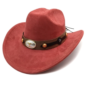 Detail of western cowboy hat with brown leather band and silver bull head metal buckle