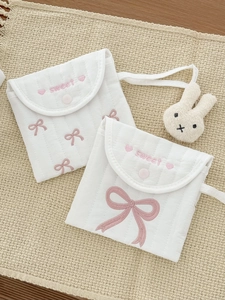 Quilted Cotton Sanitary Napkin Storage Bag Bow Embroidery Portable Makeup Pouch Sweet Heart Pattern For Women Girls