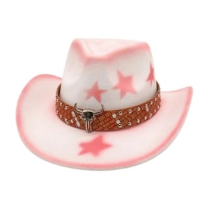 Pink and white gradient cowboy hat featuring pink stars and silver ox skull detail