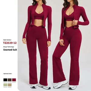 Set Sportivo Yoga in Nylon Sensazione Pelle Nuda Top E Bottom Giacca Con Cerniera Reggiseno E Pantaloni a Zampa Donna